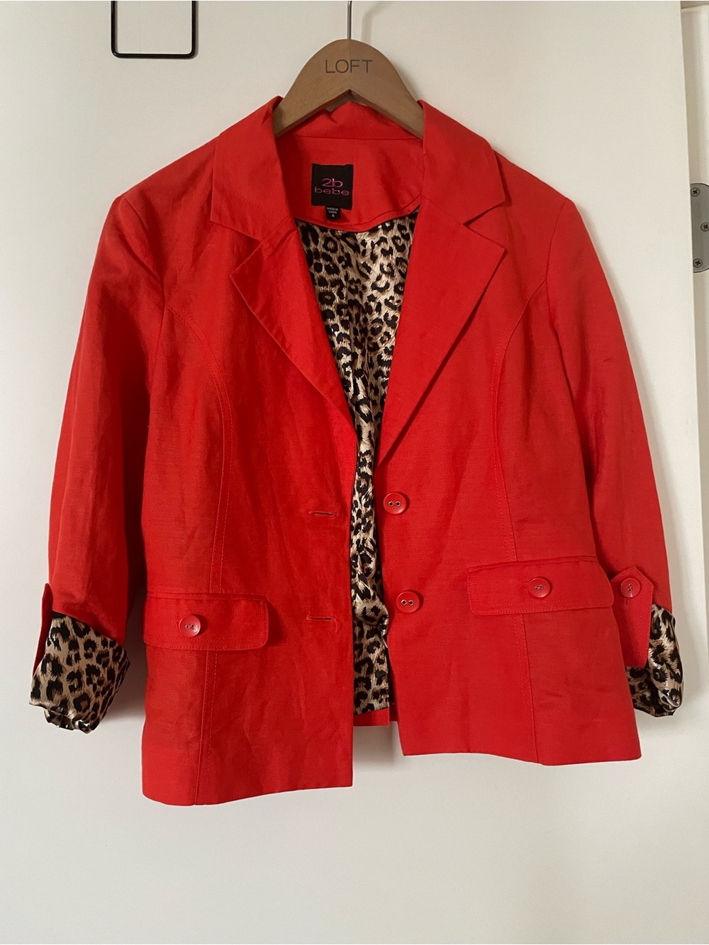 2B Bebe Red Cropped Blazer with Leopard-Print Lining
